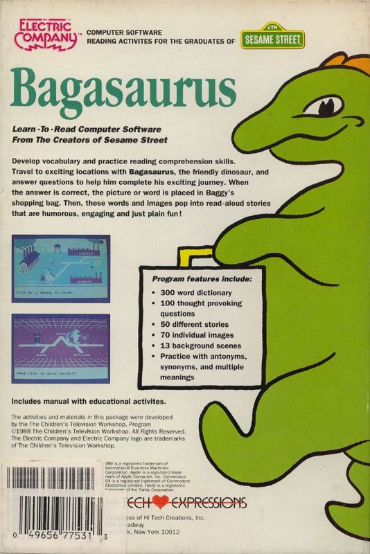 Back Cover for Bagasaurus (Apple II and Commodore 64 and DOS)