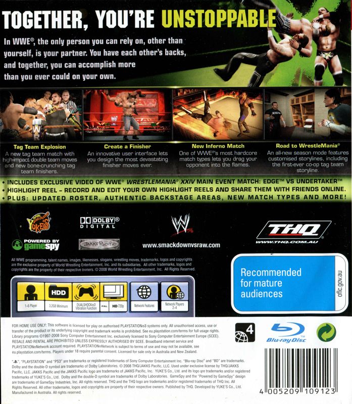 Back Cover for WWE Smackdown vs. Raw 2009 (PlayStation 3)