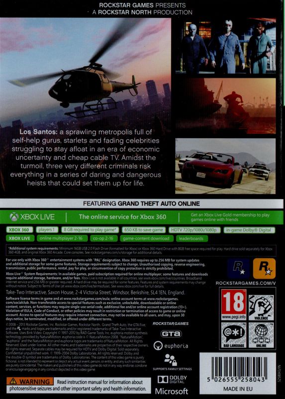 Back Cover for Grand Theft Auto V (Xbox 360)