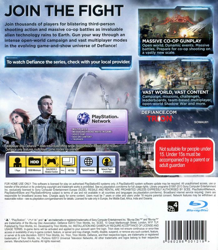 Back Cover for Defiance (PlayStation 3)