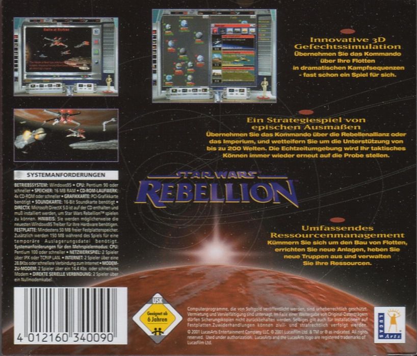 Back Cover for Star Wars: Rebellion (Windows) (Budget release)