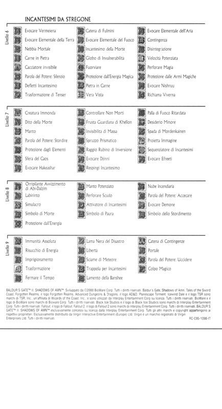 Reference Card for Baldur's Gate II: Shadows of Amn (Windows): Back