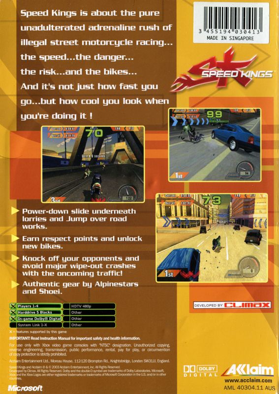 Back Cover for Speed Kings (Xbox)