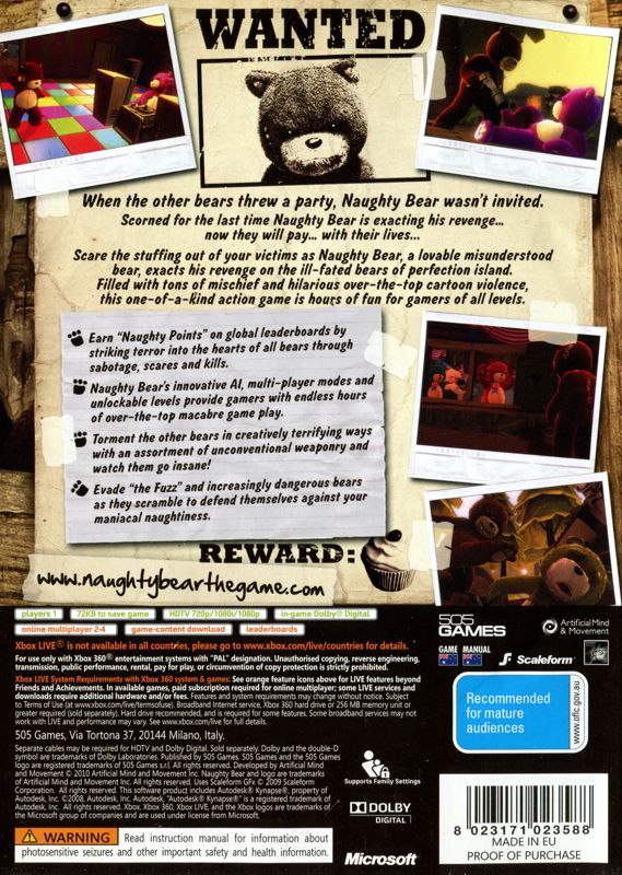 Back Cover for Naughty Bear (Xbox 360)
