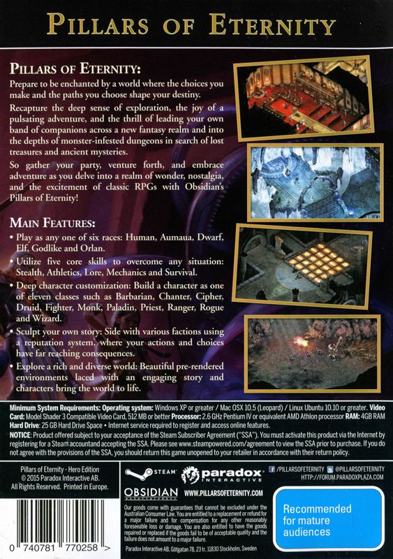 Back Cover for Pillars of Eternity (Linux and Macintosh and Windows)