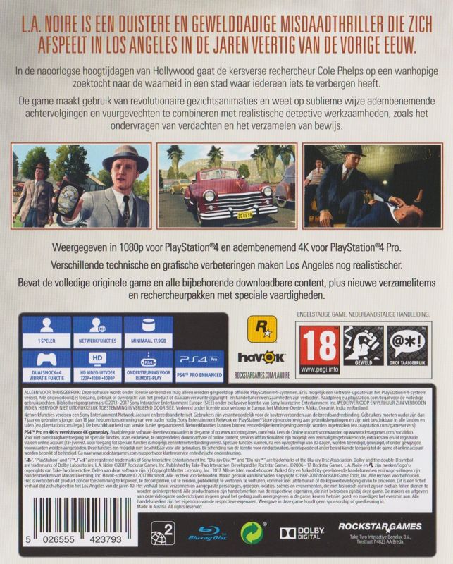 Back Cover for L.A. Noire: The Complete Edition (PlayStation 4)