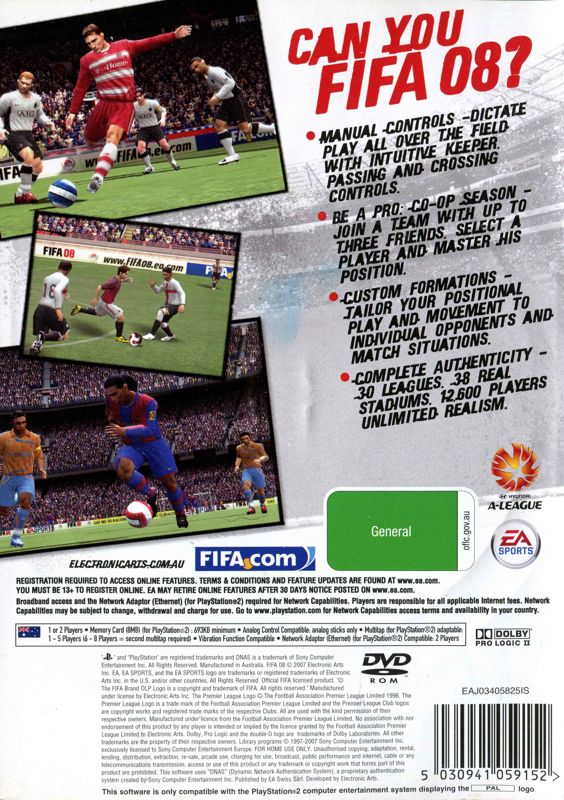 Back Cover for FIFA Soccer 08 (PlayStation 2)