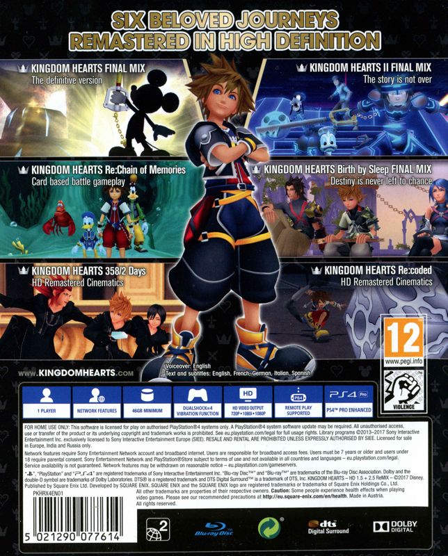 Back Cover for Kingdom Hearts HD I.5 + II.5 ReMIX (PlayStation 4)