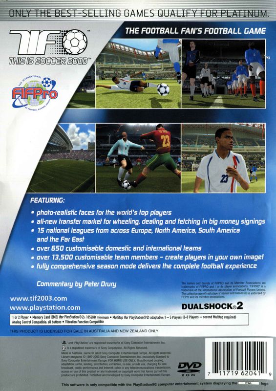 Back Cover for World Tour Soccer 2003 (PlayStation 2) (Platinum release)