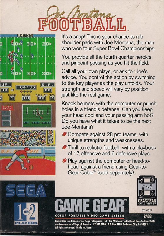 Back Cover for Joe Montana Football (Game Gear)