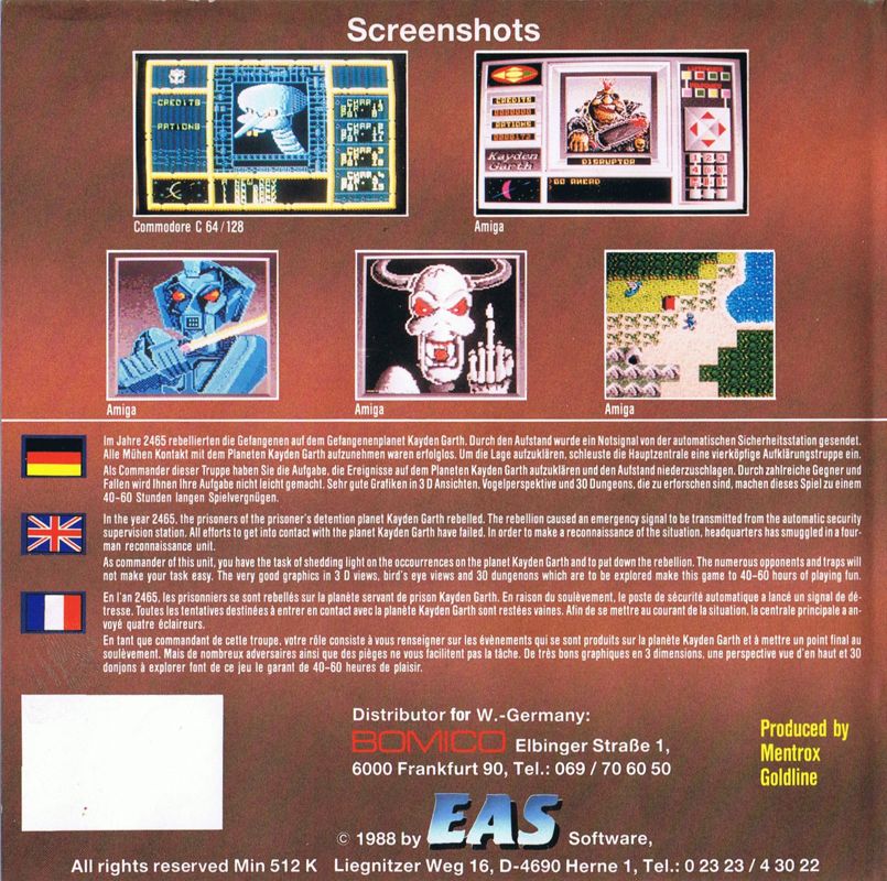 Back Cover for Kayden Garth (Commodore 64)
