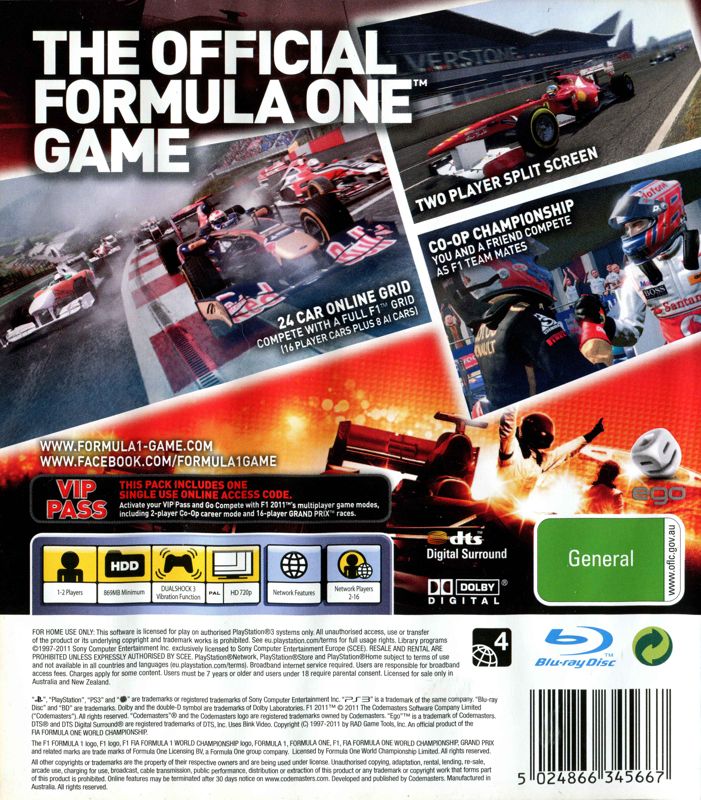 Back Cover for F1 2011 (PlayStation 3)