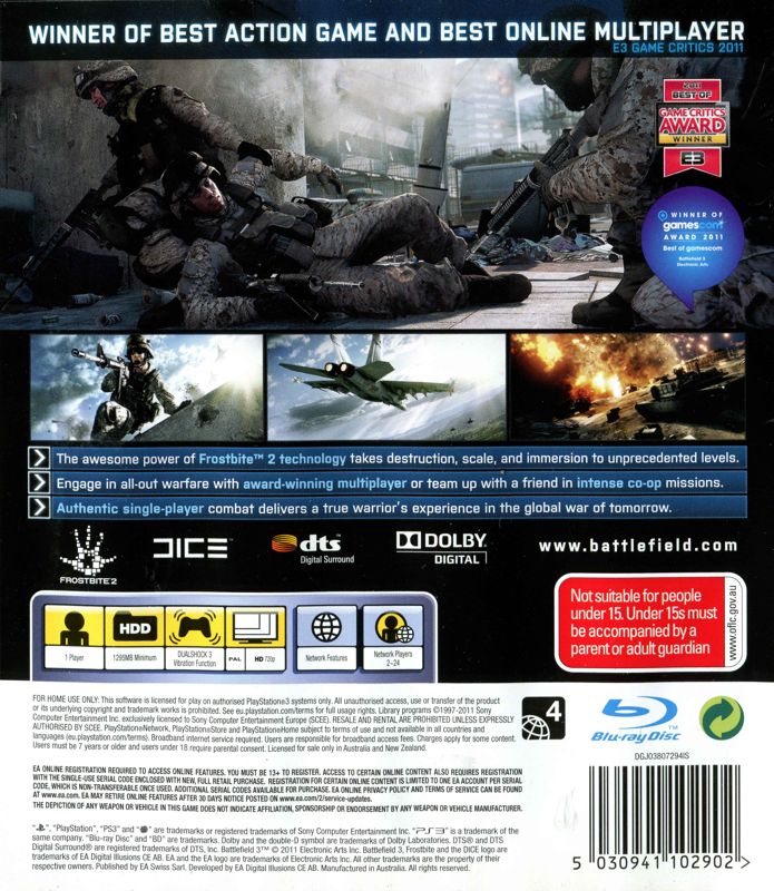Back Cover for Battlefield 3 (PlayStation 3)