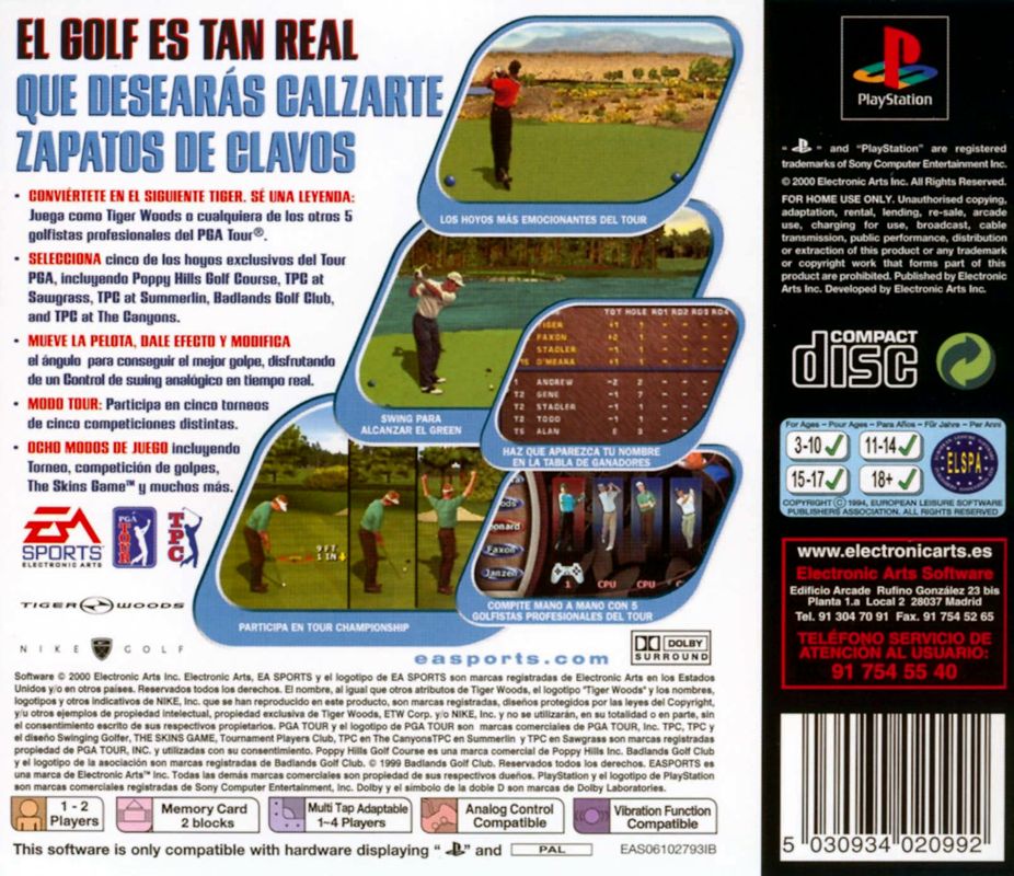 Back Cover for Tiger Woods PGA Tour 2000 (PlayStation)