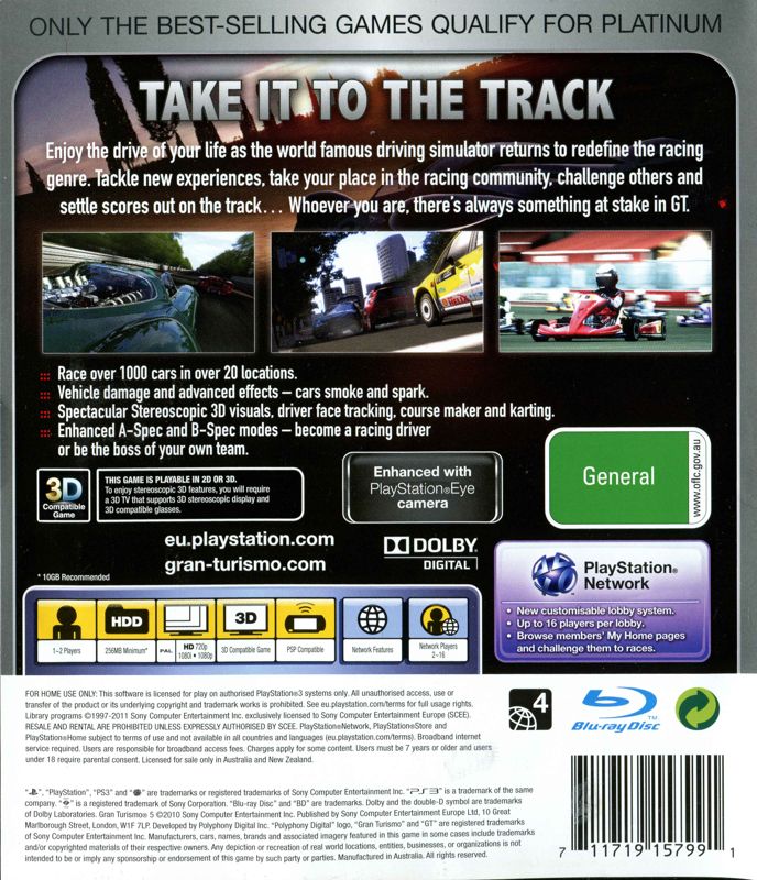 Back Cover for Gran Turismo 5 (PlayStation 3) (Platinum release)