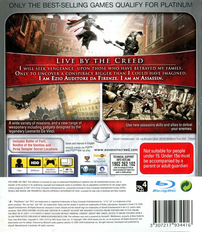 Back Cover for Assassin's Creed II: Game of the Year Edition (PlayStation 3) (Platinum release)