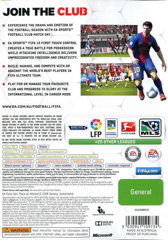 Back Cover for FIFA Soccer 13 (Xbox 360)