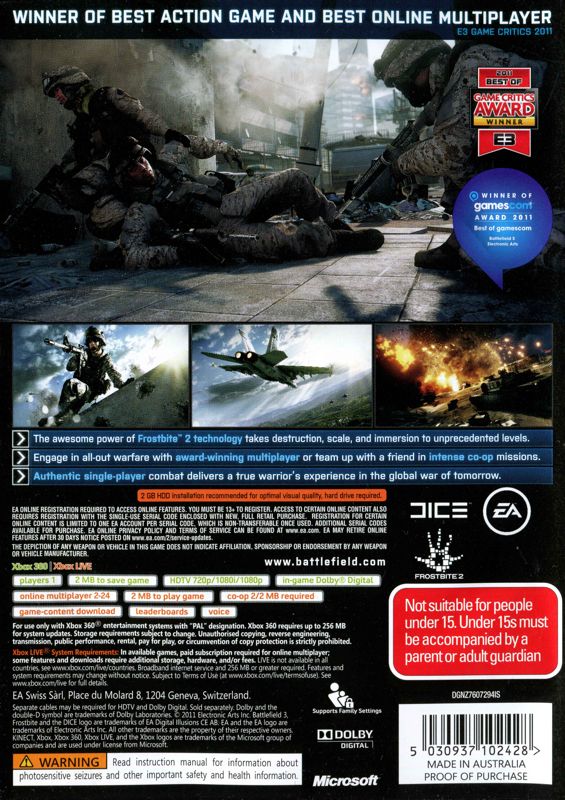 Back Cover for Battlefield 3 (Xbox 360) (Alternate release)