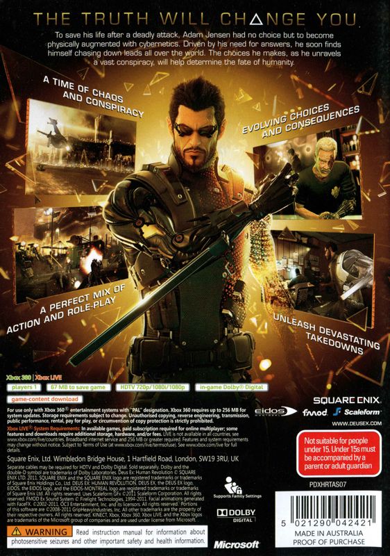 Back Cover for Deus Ex: Human Revolution (Xbox 360)