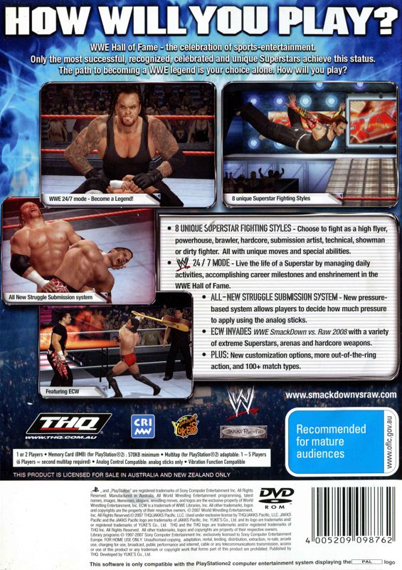 Back Cover for WWE Smackdown vs. Raw 2008 (PlayStation 2)