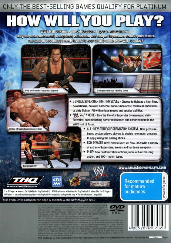 Back Cover for WWE Smackdown vs. Raw 2008 (PlayStation 2) (Platinum release)