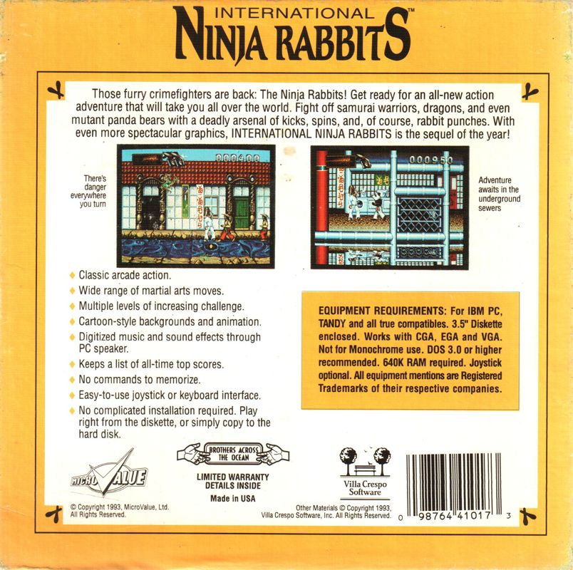 Back Cover for International Ninja Rabbits (DOS) (Villa Crespo 'Coffee Break Series' Edition)