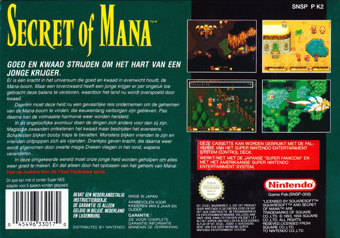 Back Cover for Secret of Mana (SNES)