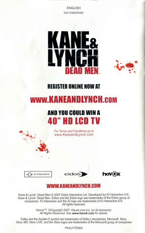 Manual for Kane & Lynch: Dead Men (Xbox 360): Back