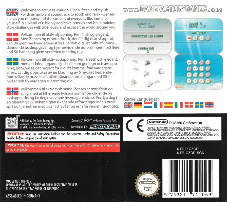 Back Cover for Zenses: Ocean (Nintendo DS) (Scandinavian release)