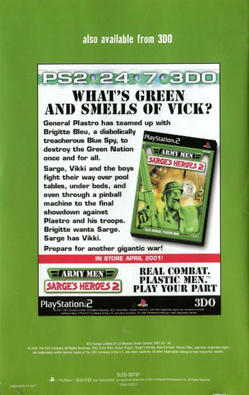 Manual for Army Men: Green Rogue (PlayStation 2): Back