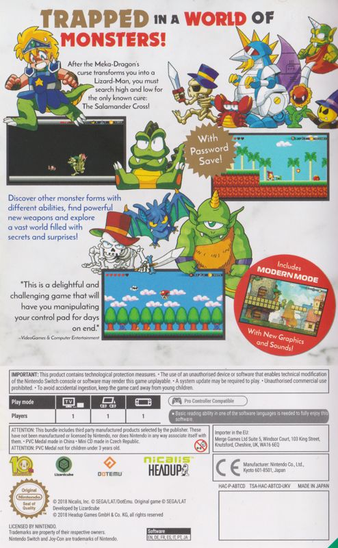 Inside Cover for Wonder Boy: The Dragon's Trap (Nintendo Switch): Reversible Cover - Back