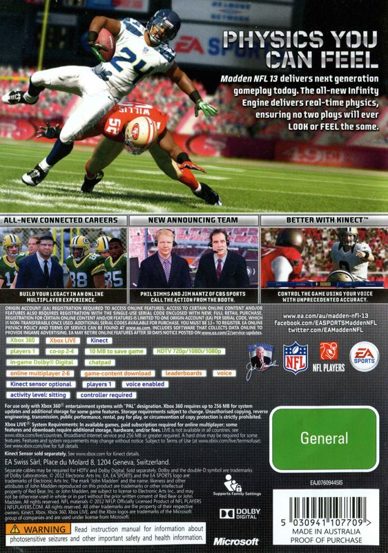 Back Cover for Madden NFL 13 (Xbox 360)