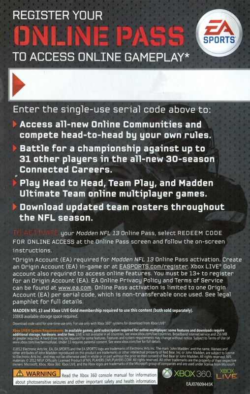 Advertisement for Madden NFL 13 (Xbox 360): Back