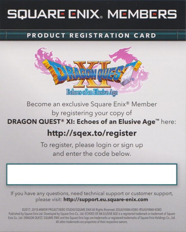 Extras for Dragon Quest XI: Echoes of an Elusive Age - Digital Edition of Light (PlayStation 4): Square Enix Online Registration Flyer - Front