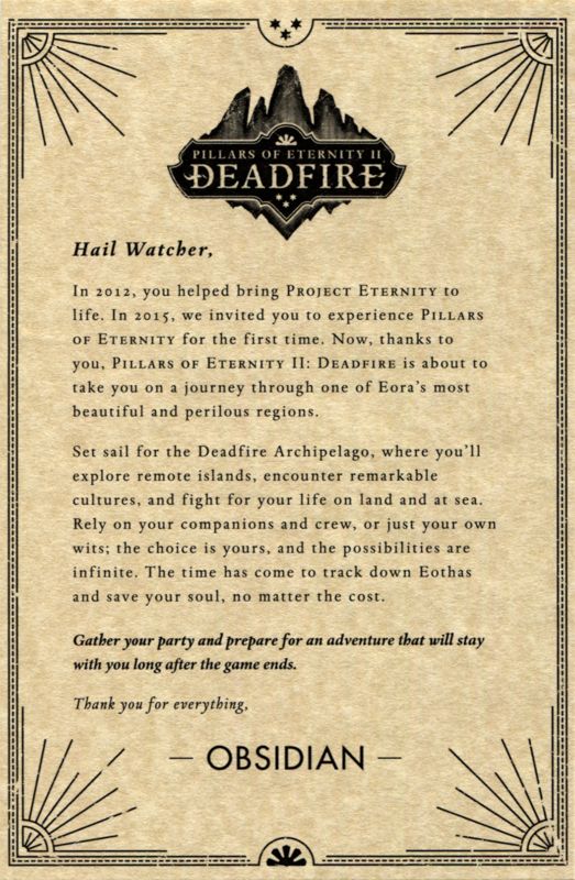 Extras for Pillars of Eternity II: Deadfire (Premium Fig Edition) (Linux and Macintosh and Windows): "Thank you" card