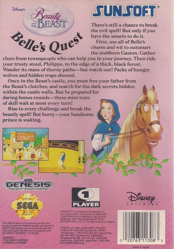 Back Cover for Disney's Beauty and the Beast: Belle's Quest (Genesis)