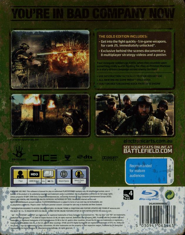 Back Cover for Battlefield: Bad Company (Gold Edition) (PlayStation 3): Metal case - back