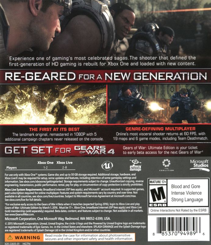 Back Cover for Gears of War: Ultimate Edition (Xbox One)