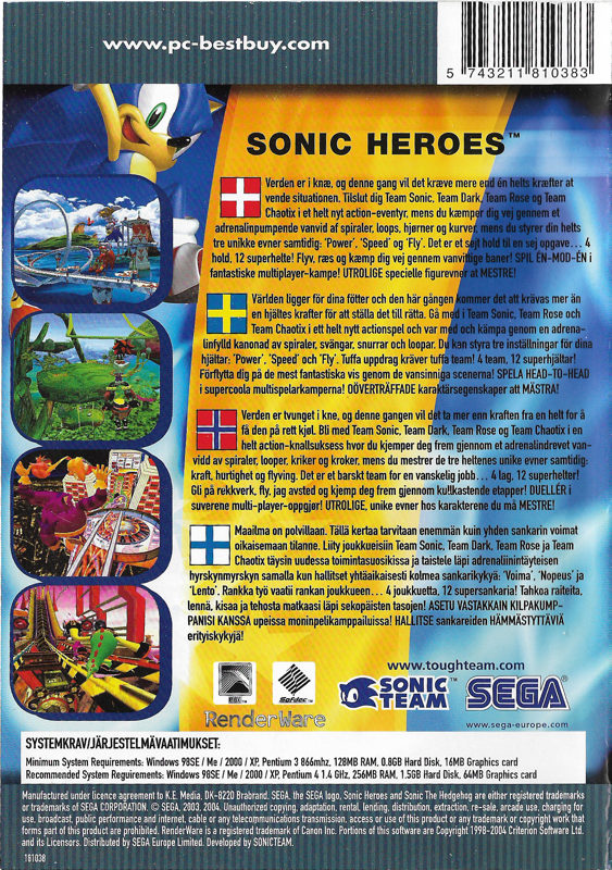 Back Cover for Sonic Heroes (Windows) (PC Best Buy release)