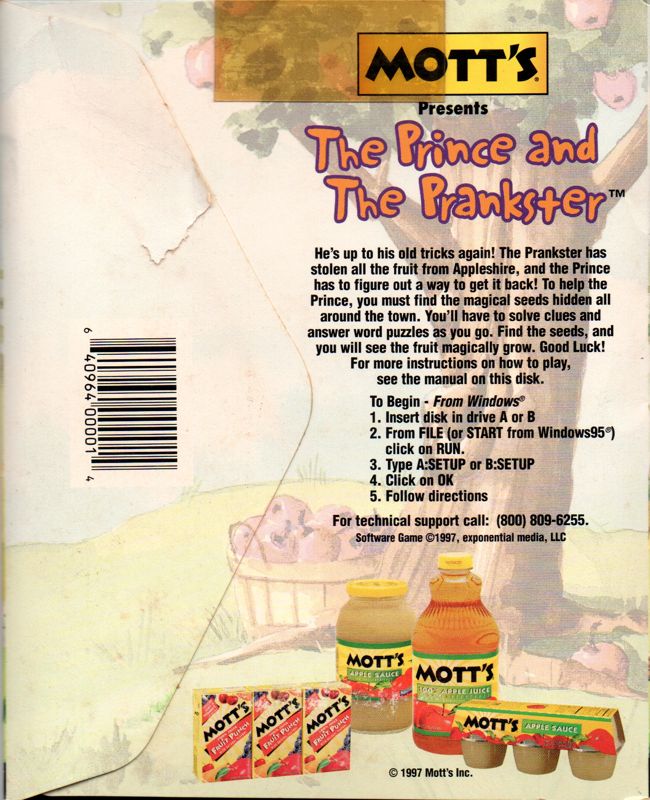 Back Cover for Mott's Presents The Prince and the Prankster: The Quest for the Magical Seeds (Windows 16-bit): The yellowed sticker on top is from the plastic display hook.