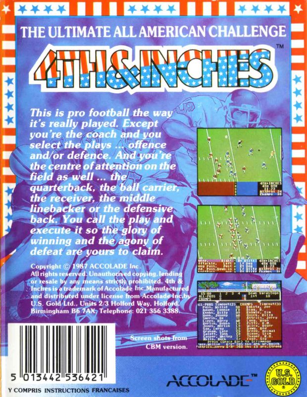 Back Cover for 4th & Inches (Commodore 64)