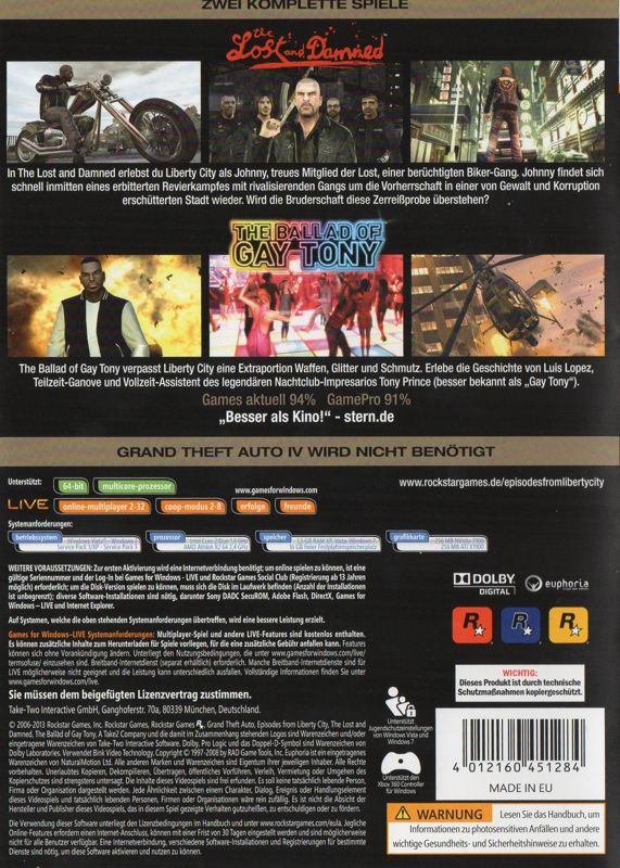 Back Cover for Grand Theft Auto: Episodes from Liberty City (Windows) (Software Pyramide release)