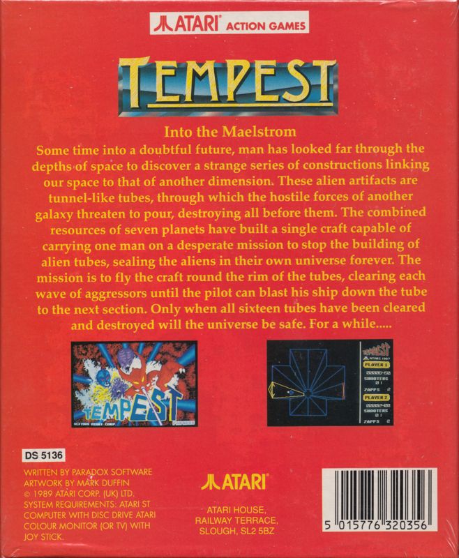Back Cover for Tempest (Atari ST)
