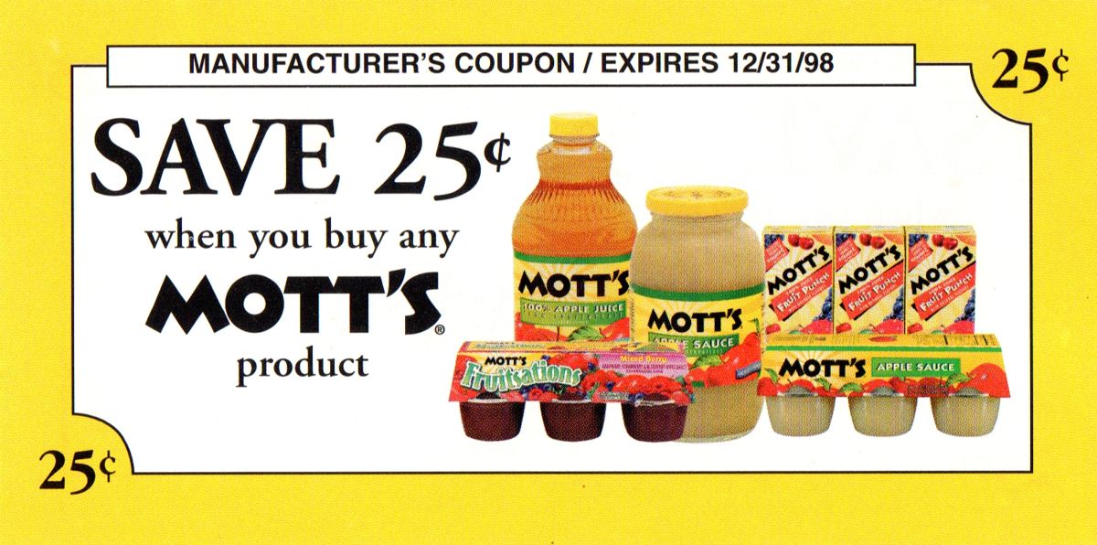 Extras for Mott's Presents The Prince and the Prankster: The Quest for the Magical Seeds (Windows 16-bit): Promotional coupon that was included in the package.