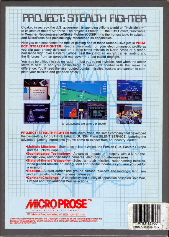 Back Cover for Project Stealth Fighter (Commodore 64)