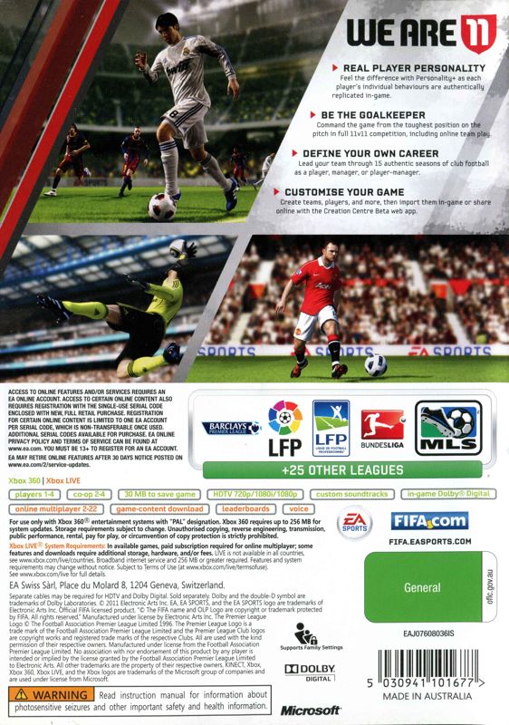 Back Cover for FIFA Soccer 11 (Xbox 360) (Classics release)