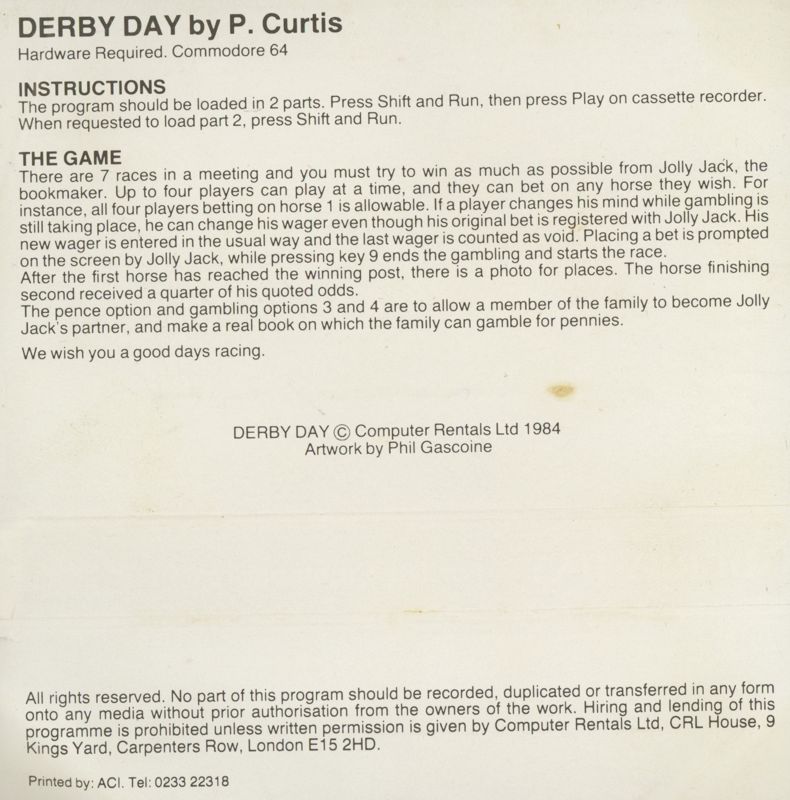 Inside Cover for Derby Day (Commodore 64)