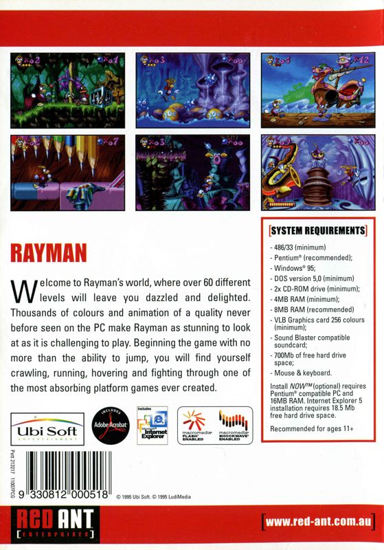 Back Cover for Rayman (Windows) (Big Bytes release)