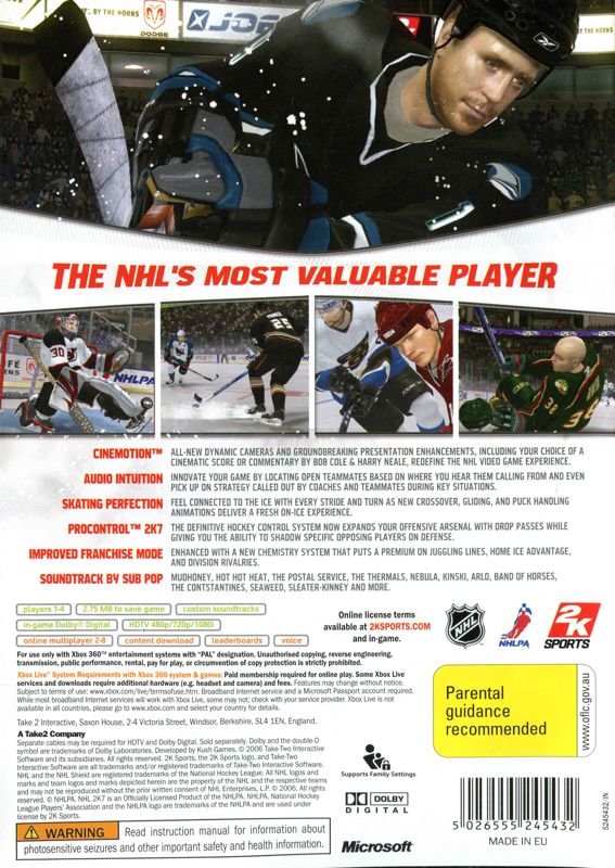 Back Cover for NHL 2K7 (Xbox 360)