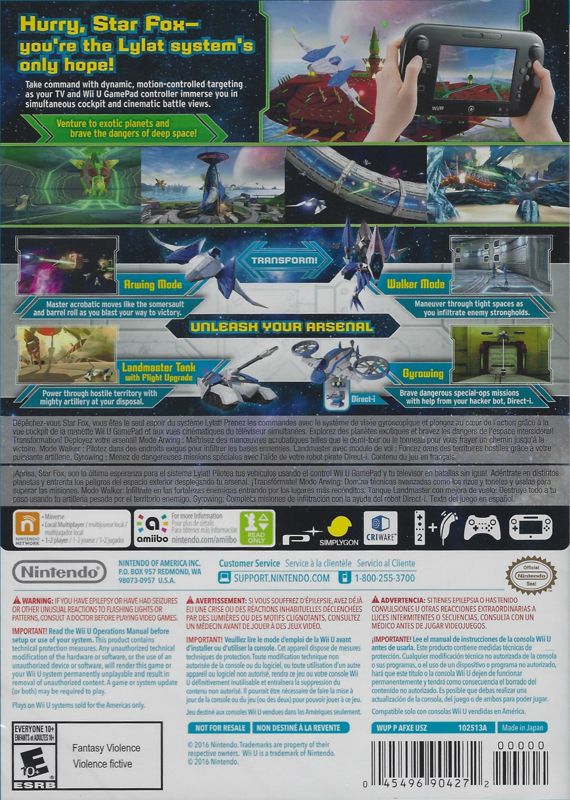 Other for Star Fox Zero (First Print Edition) (Wii U): Keep Case for Star Fox Zero - Back
